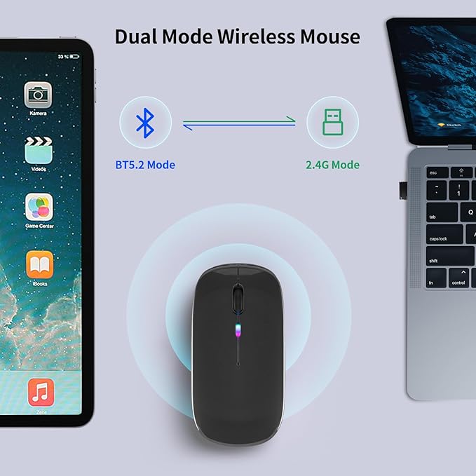 Wireless Bluetooth Mouse – Rechargeable, Silent, Dual Mode (Bluetooth 5.2 & USB) with LED Lights – Portable for Laptop, Desktop, & Tablet(Grey)