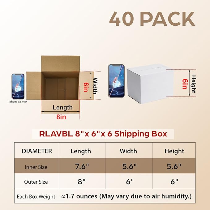 RLAVBL 8x6x6 Shipping Boxes Set of 40, White Corrugated Cardboard Box for Packing, Mailing, Business