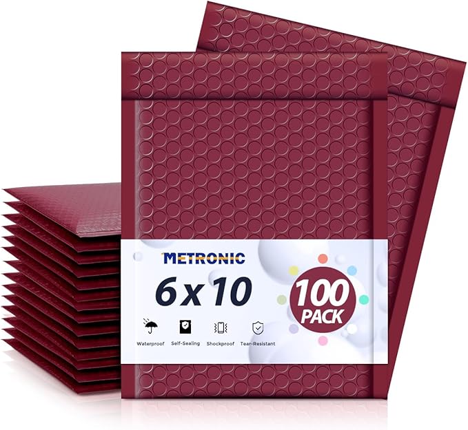 Metronic Bubble Mailers 6x10" 100 Pack Burgundy Self-Seal Padded Envelopes Usable Size 6x9" Waterproof Bubble Envelopes Bulk for Small Business Padded Mailers for Mailing Jewelry #0