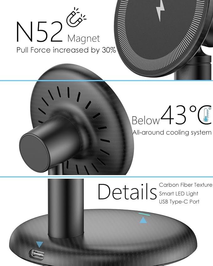 Mag Safe Charger Stand for iPhone 17/Air/16/15/14/13/12,15W Fast Charging | Magnetic Wireless Charger Compatible with MagSafe Suitable for Desk or Bedside (No Adapter/Angle Fixed)