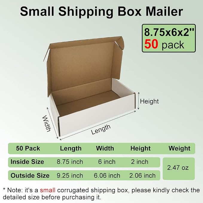 50 Pack 9x6x2'' Small Shipping Boxes, White Corrugated Cardboard Literature Mailers, Mailing Packaging Supplies for Small Business (W962-50)