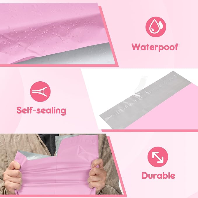 Fuxury Poly Mailers 12x15.5" 100PC Pink Shipping Bags for Clothing with Easy-Open Tear Strip & Easy-Store Hanging Holes, Strong Self-Seal Waterproof Shipping Envelopes Mailing Bags for Small Business