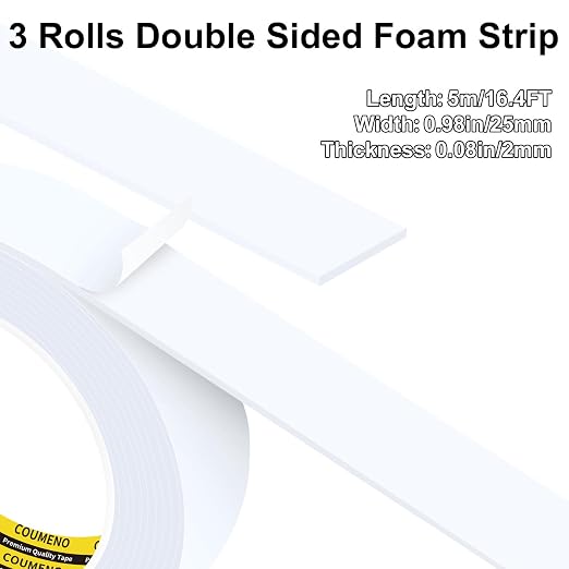 Heavy Duty Double Sided Tape,White Foam Tape,3 Pack 1 in X 16.4 ft | High Tack Strong Adhesive Foam Mounting Tape, Weatherproof Sealing Foam Tape, Easy Peel & Stick for Home Office School