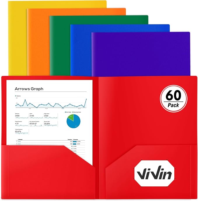 ViVin 60-Pack Plastic Folders with Pockets, 2-Pocket Letter Size, Assorted Color