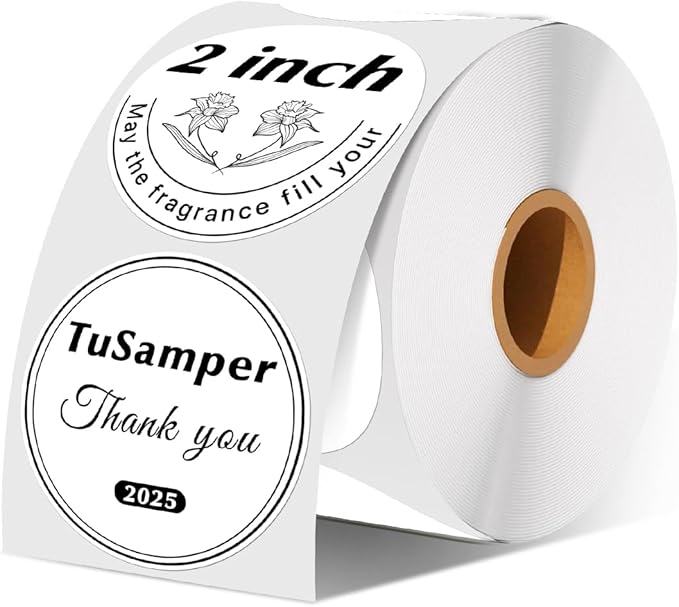 2 Inch (50.8mm x 50.8mm) Round Thermal Sticker Labels, Self-Adhesive Circle Direct Thermal Label, Multi-Purpose Roll Sticker for DIY Logo Design, QR Code, Name Tag, Roll of 500 Labels, White