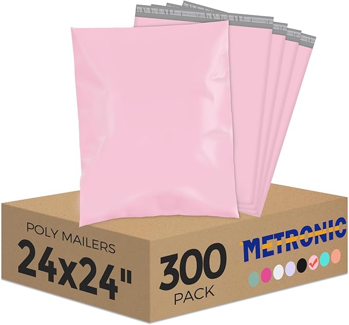 Metronic Poly Mailers 24x24 300 Pack, Self Seal Large Shipping Bags for Clothing, Waterproof Shipping Envelopes for Small Businesses, Flexible Mailers Poly Bags Plastic Bags Packages Bags Light Pink