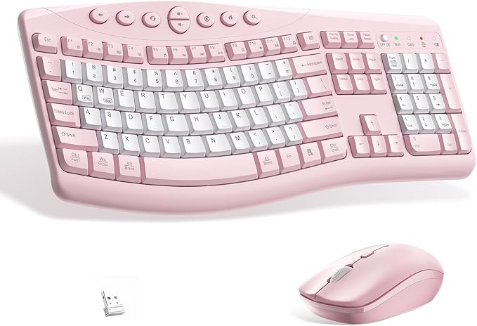 Wireless Keyboard and Mouse Combo Silent Ergonomic Curved Design for Office | 2.4G Full Size Cordless Keyboard with Tilt Legs,3-Level DPI Quite Mouse for Windows,Mac OS/Desktop/Laptop/PC