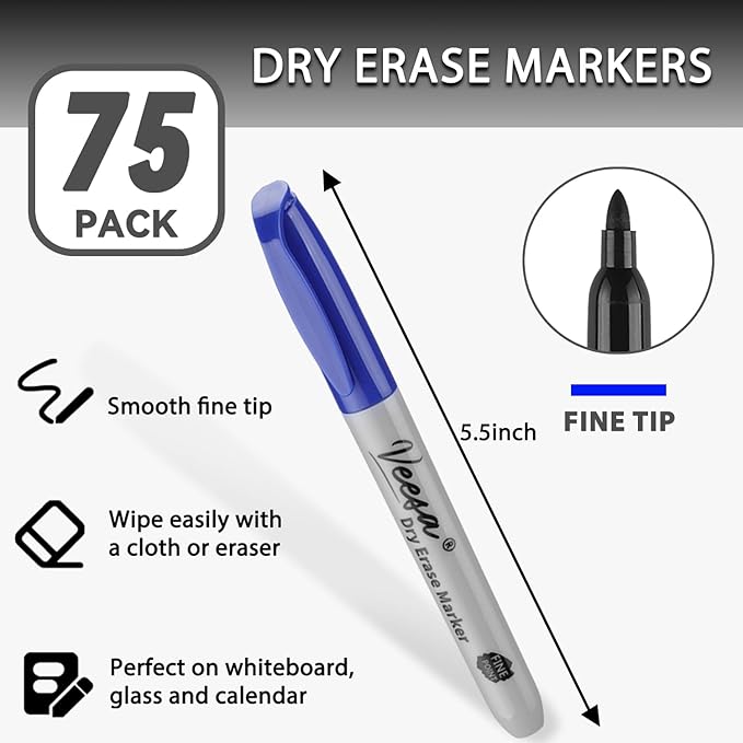 VEESA Dry Erase Markers (Black Red Blue), Fine Tip, 75 Count Low-Odor Whiteboard Marker Pens for Office School Home