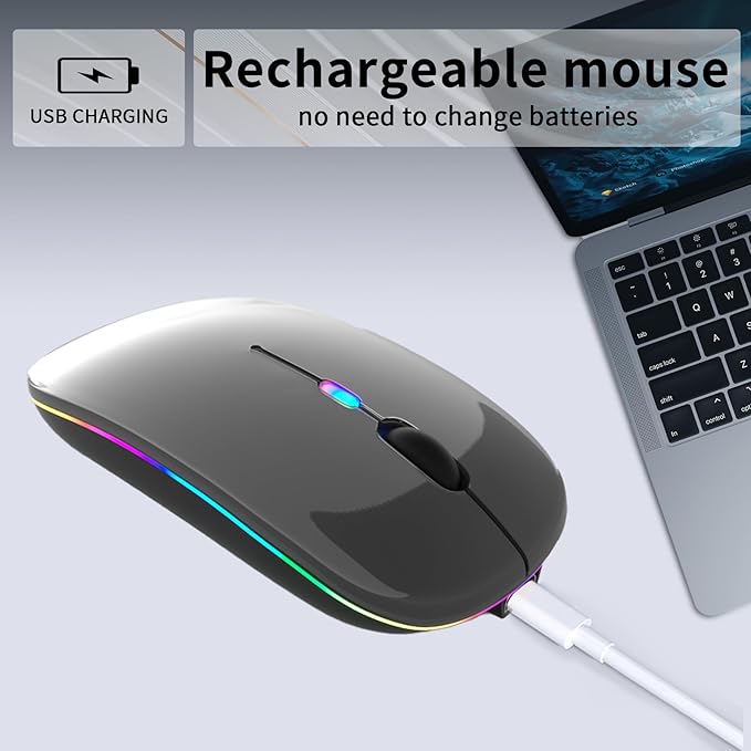 Wireless Bluetooth Mouse – Rechargeable, Silent, Dual Mode (Bluetooth 5.2 & USB) with LED Lights – Portable for Laptop, Desktop, & Tablet(Grey)