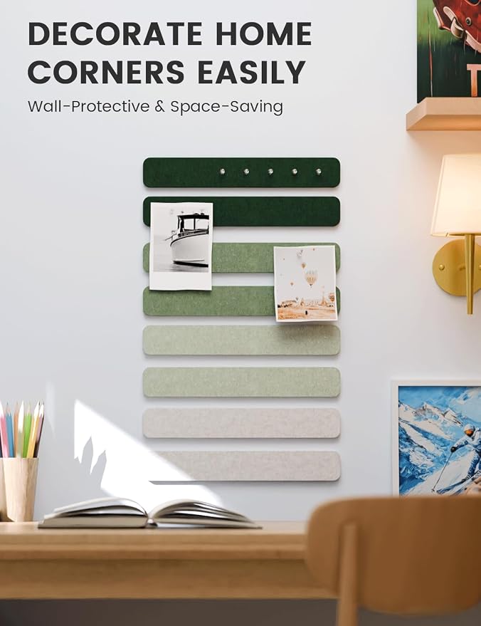 Fluxynara 13" x 2" Felt Wall Panels, Sagewood | 8-Pack Includes 50 Push Pins and Adhesive Tabs for Photos, Notes and Decor in Bedroom Doors, Home Office or Studios
