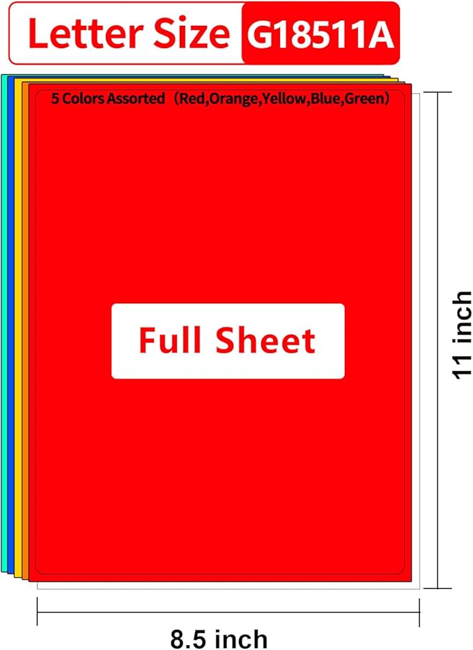 Colored Full Sheet Shipping Labels Printable,8.5"×11" Full Page,5 Colors Assorted(Red,Orange,Yellow,Blue,Green),Color Neon Label Sticker Paper for Printer,Coloful Large Stickers Labels ﻿