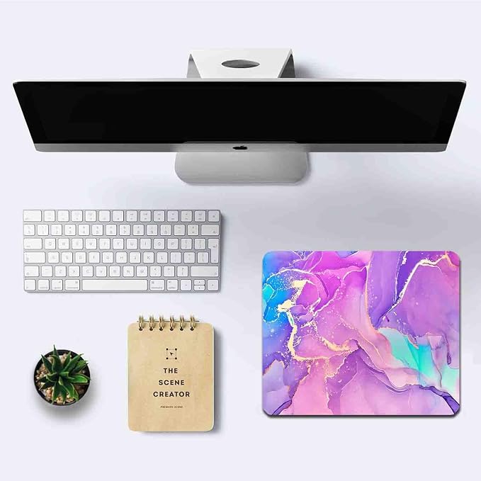 Purple Pink Blue Marble Mouse Pad, Liquid Gold Paint Marble Mouse Pads, Modern Mousepad Design, Colorful Small Mouse Mat for Women Girls Computer Laptop Office, 9.5 X 7.9 Inch