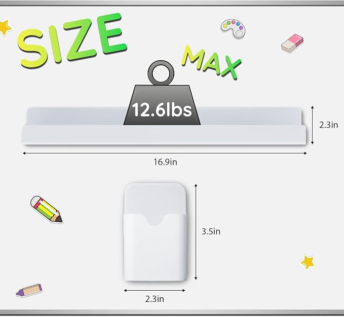 2 Pcs Magnetic Book Shelf for Whiteboard with Magnetic Pen Holder | Heavy Duty Acrylic Magnetic Shelves for Classroom Furniture,Office, Refrigerator,School Supplies-White
