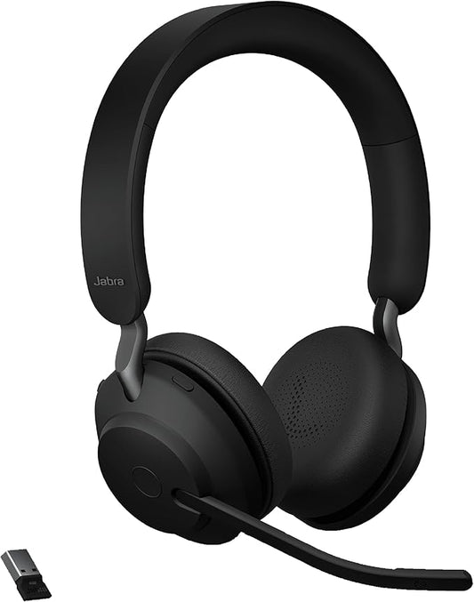 Jabra Evolve2 65 UC Wireless Headphones with Link380a, Stereo, Black – Wireless Bluetooth Headset for Calls and Music, 37 Hours of Battery Life, Passive Noise Cancelling Headphones
