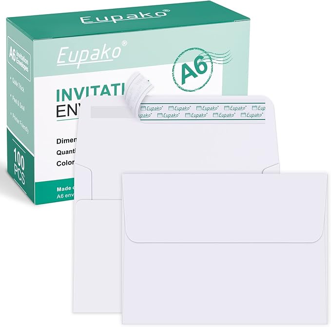 Eupako A6 White Envelopes 4x6, 100 Pack Self Seal Envelopes for 4x6 Cards, Photos, Invitations, Wedding, Graduation, Baby Shower, RSVP, 6.5 x 4.75 Inches