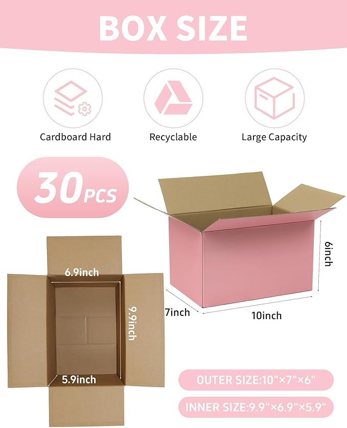 10x7x6 Inch Cute Pink Shipping Boxes, 30 Pack Corrugated Cardboard Box, Mailing Packaging Boxes for Small Business