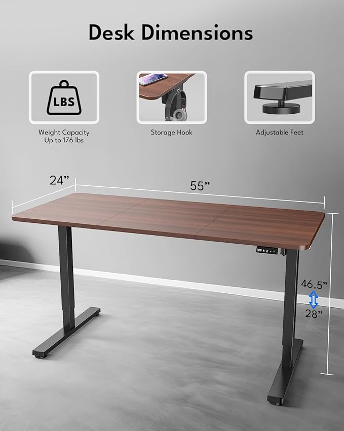 Standing Desk, Height Adjustable Electric Stand up Desk, 55 x 24 Inches Sit Stand Home Office Desk with Splice Board, Black Frame/Walnut Top
