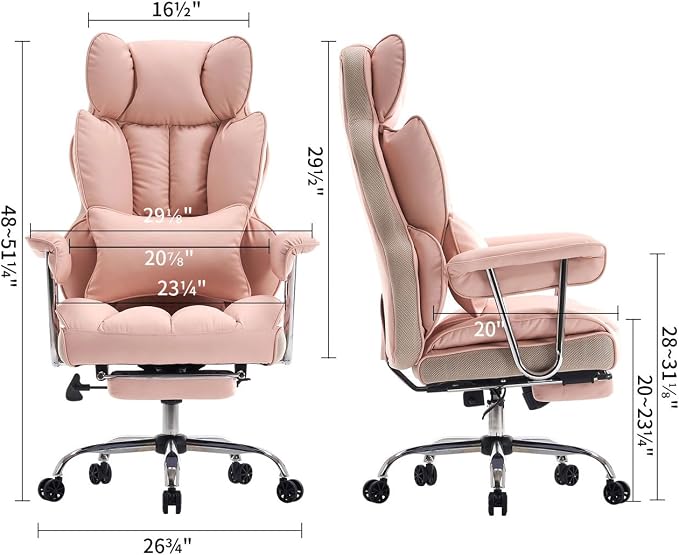Efomao Big and Tall Office Chair 400LBS - Pink Heavy Duty Executive Office Chair with Footrest, Ergonomic Home Office Desk Chair, Wide Computer Chair for Heavy People | 400lbs support, 135° recline, dual-layer foam cushion, 23.5" seat & footrest. BIFMA