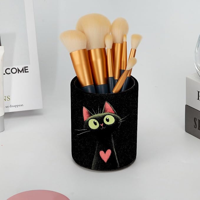 Leather Pen Holder for Desk, Cat Heart Pencil Cup Pen Organizer Makeup Brush Holder for Office Home Kids Countertop Desk Accessory Storage