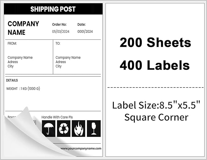 Half Sheet Shipping Labels,Self Adhesive Mailing Labels for Laser & Inkjet Printers,White 8.5x5.5 Half Page Label,200 Sheets