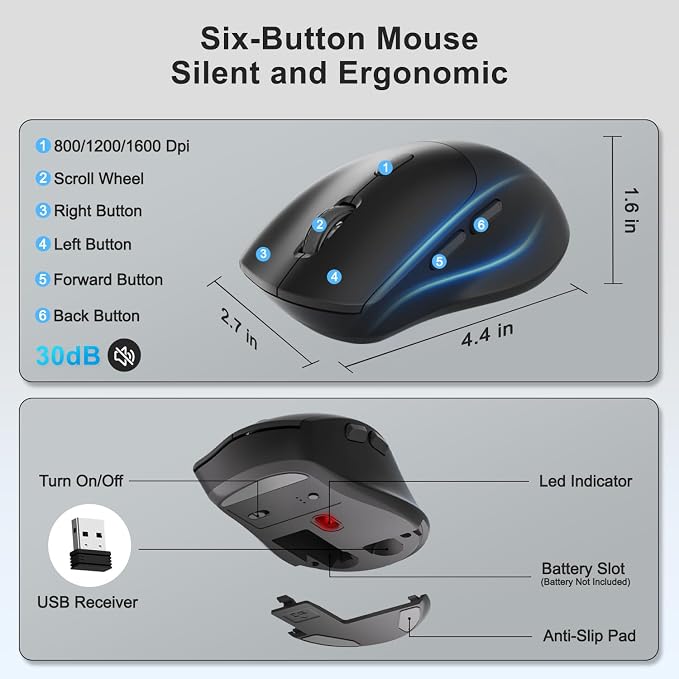 Wireless Keyboard and Mouse Combo, Full Size Ergonomic Wave Keys(Black) | 2.4G Ergonomic Keyboard with Wrist Rest, Phone Holder, 3-Level DPI Silent Mouse with 6-Buttons, for Windows/Mac OS/Laptop/PC
