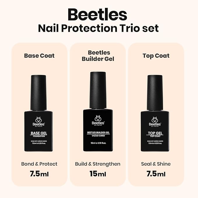 Beetles Builder Gel with Base & Top Coat Gel,3 Pcs Clear Builder Nail Gel,for Nail Strengthening Building Apex Extension for Beginner DIY Salon at Home,UV & LED Lamp Needed