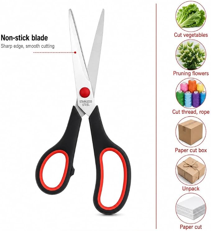 Office Scissors 8 Inch 2 Pack, All Purpose Sharp with Ruler & Knife Set | Ergonomic soft grip handles & heavy duty stainless steel blades, designed for craft, fabric, school, desk & everyday cutting