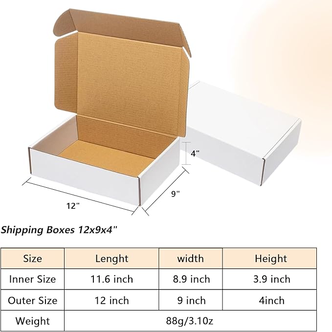 20 Pack 12x9x4 Shipping Boxes, White Corrugated Cardboard Packaging Box for Small Business