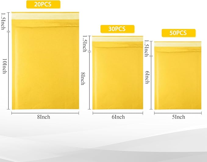 100 Pcs Kraft Bubble Mailers 3 Size Padded Envelopes Kraft Poly Mailers Bubble Lined Shipping Envelopes Mail Shipping Bags for CDs Book Business Supplies (Yellow)