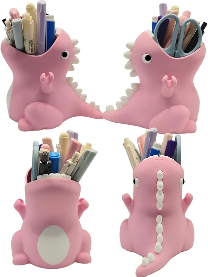 TIME&TRAVE Cute Dinosaur Pen Holder for Desk, Creative Pencil Holder Desk Organizers, Office Supplies Decorations Idea Gift for Women Kids (Pink)