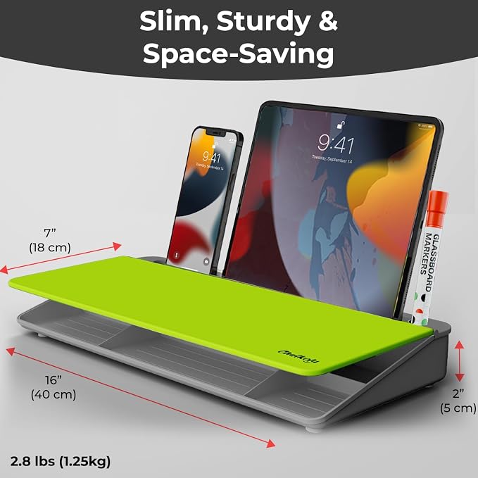 Chalkola Neon Green Glass Desktop Whiteboard with Storage - Dry Erase Board | Work Desk Organizers, Computer Keyboard Stand, Home Office Desk Accessories, Workspace Desk Board Buddy + 3 Markers