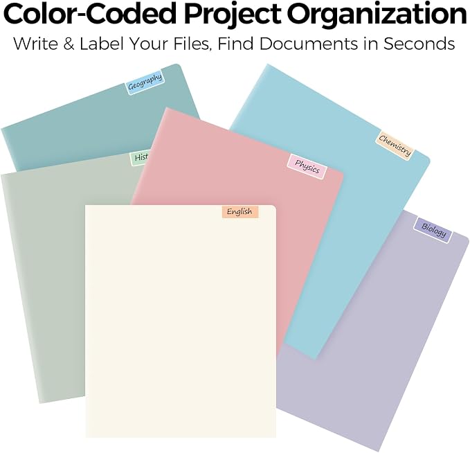 Folders with Pockets and Tabs, 6 Pack Plastic File Folders with 18 Labels, Letter Size School Folders with Pockets, Color-Coded Project Folders for School, Home and Office, Muted Tones Colors