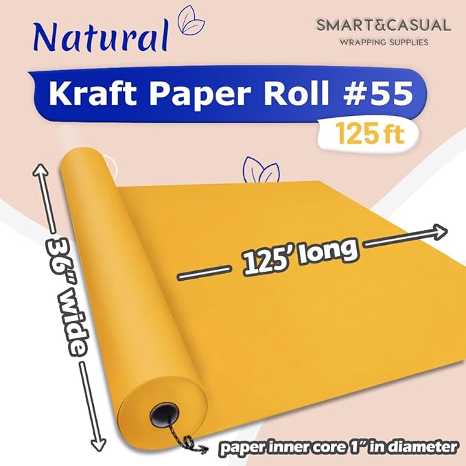 SMART&CASUAL 36" x 1,500" (125') Orange Kraft Craft Paper Roll for Gift Wrapping Bulletin Board Bouquet Flower Kids Art Packing Parcel Table Covering 80GSM 55LB (Orange, 36" x 125')