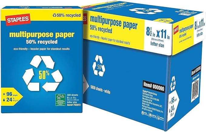 Staples 50% Recycled 8.5-Inch x 11-Inch Multipurpose Paper 24 lbs 96 Bright, 10 RM/CT, For Office, School & Home