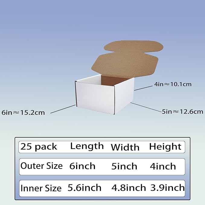 6x5x4 inch Shipping Boxes Set of 25， White Corrugated Cardboard Box Mailer Boxes for Packaging Small Business Shipping，Mailing Boxes Bulk for Birthday Wedding Party Book Literature Gift Giving