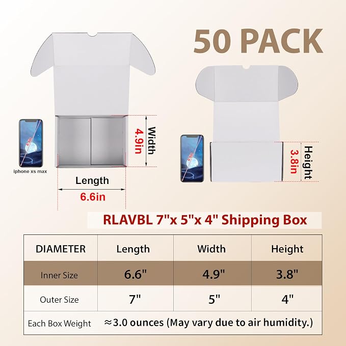 RLAVBL 7x5x4 Shipping Boxes Set of 50, White Corrugated Cardboard Box for Packing, Mailing, Business