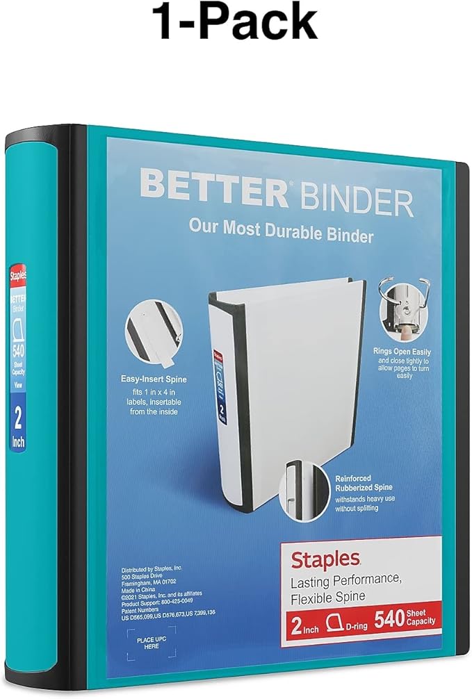 Staples Better Binder 2-Inch D-Ring View Binder, Reinforced Spine, Holds Up to 540 Sheets, Teal, for Office & School