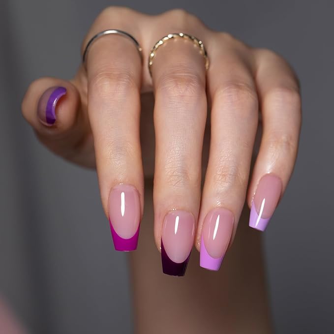 SXC Cosmetics French Tip Press On Nails 150 Pieces in 15 Sizes Ultra Fit with Pre-applied Tip Primer and Base Coat, No Need to File Fake Nails for Nail Art DIY X-Pro Tips (5PURPLE119-S Coffin)