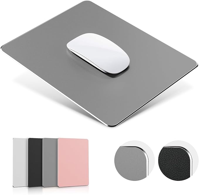 HONKID Metal Aluminum Mouse Pad, Office and Gaming Thin Hard Mouse Mat Double Sided Waterproof Fast and Accurate Control Mousepad for Laptop, Computer and PC,9.05"x7.08", Gray