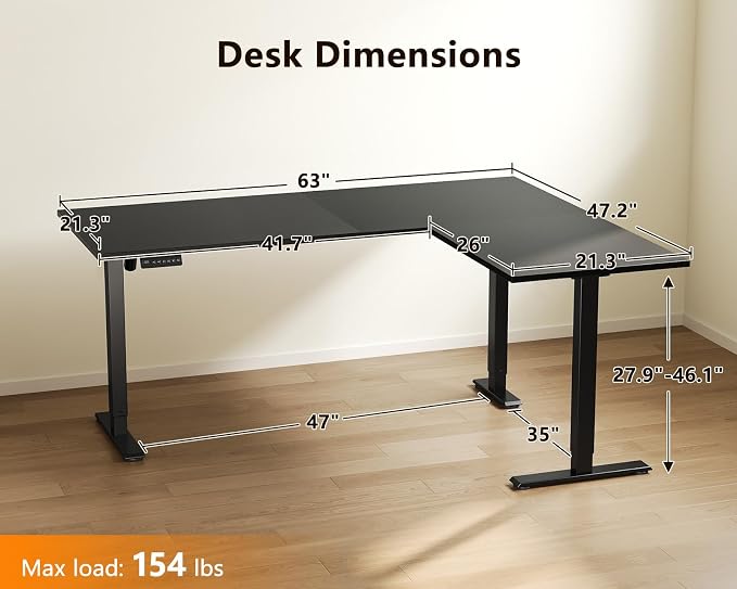 Casaottima 63 Inch L Shaped Electric Standing Desk, Home Office, Black | Reversible Corner Desk with Height Adjustment, Ergonomic Sit Stand Table for Home Office, Computer Workstation
