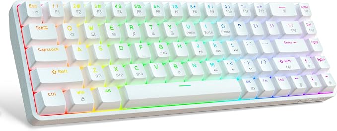 DIERYA DK68 60% Wireless Mechanical Gaming Keyboard, 3-Mode, Bluetooth 5.0/2.4G/USB-C, RGB Backlit, 68-Key Compact Mini for Windows, Mac, Linux - Clicky Blue Switch - White