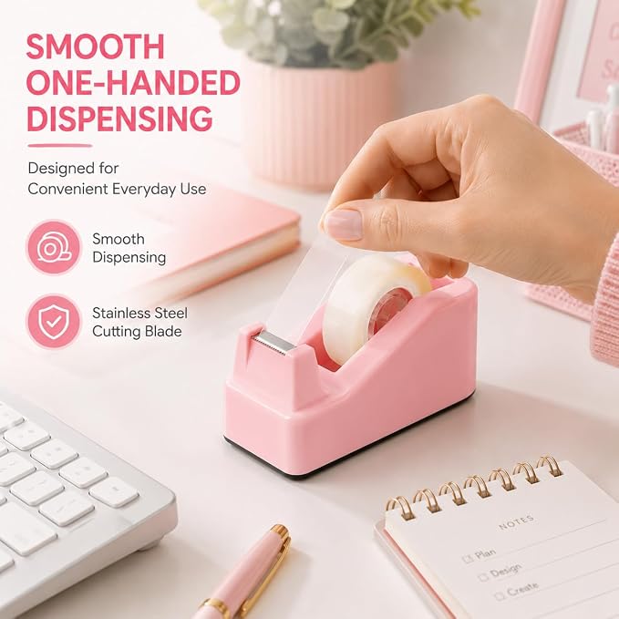 SHOIKOM Cute Tape Dispenser for Desk, Weighted Non-Slip Base, One-Hand Tape Cutter, Pink Desk Accessories, Aesthetic Office Decor for Women, Students & Teachers(Tape not Included)