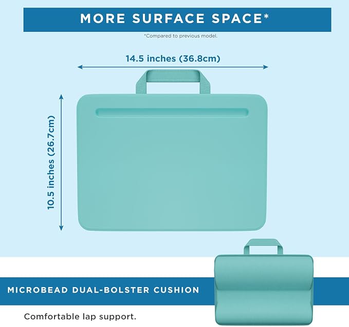 LAPGEAR Compact Lap Desk – Aqua Sky, Fits 14" Laptops | Microbead Cushion, Built-In Pencil Slot, Carry Handle, Fits Standard Letter-Size Paper (8.5" × 11")
