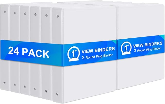 ViVin 1 Inch Binders 3 Ring, Sturdy 3 Ring Binder, 24 Pack Bulk, White | PVC-Free, Fits 200 Sheets of 8.5'' x 11'' Paper, Clear View Cover, 2 Interior Pockets, Office Home School Use