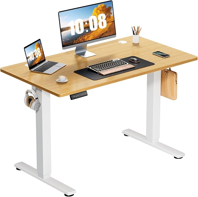 DUMOS 41 Inch Electric Standing Desk, Memory Adjustable Home Office Desk | Sit Stand Up Desk for Work Home Office,Adjustable Desk, Rising Computer Table with Splice Board,Cable Management,Hook,Oak