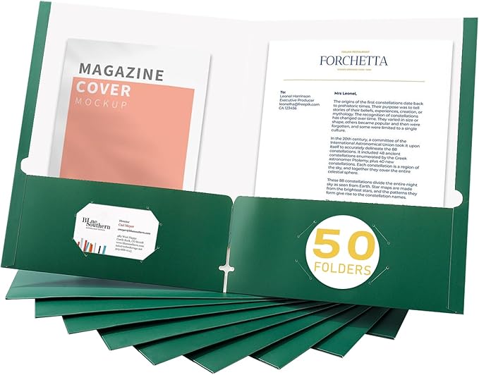Zzrywuty File Folders with Pockets Letter Size,50-Pack Paper Folders with Card Slot,Green Two Pocket Folders for School Students,Businessmen,Home and Office Workers