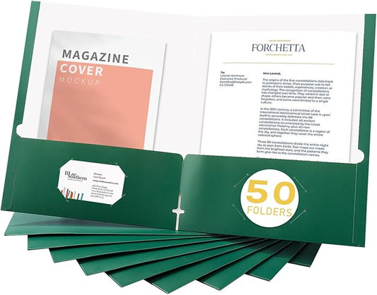 Zzrywuty File Folders with Pockets Letter Size,50-Pack Paper Folders with Card Slot,Green Two Pocket Folders for School Students,Businessmen,Home and Office Workers