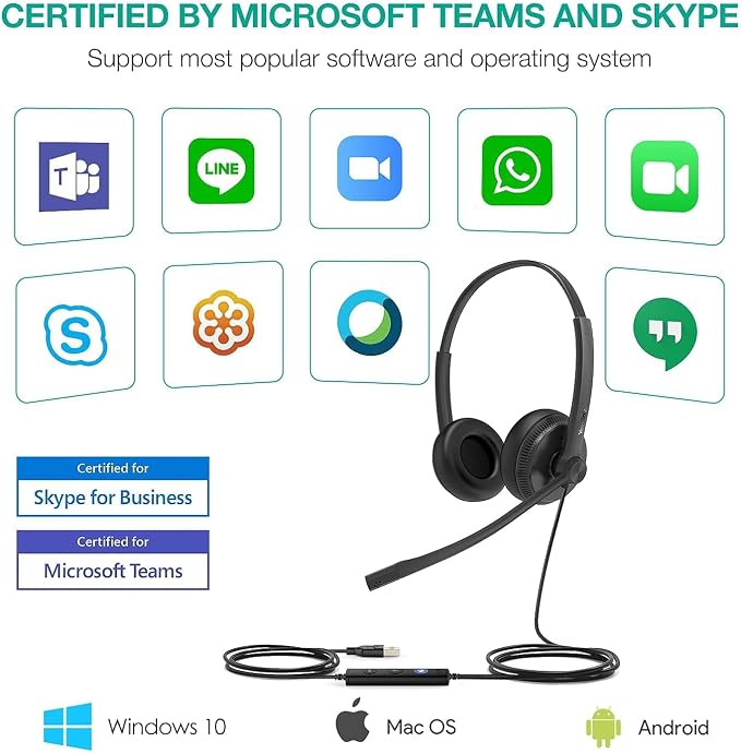 Yealink UH34 Wired Headset,USB-A,Noise Canceling Mic,in-Line Control,On-Ear (Pack of 2)