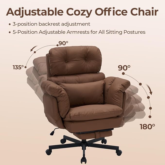 Criss Cross Office Chair with Foot Rest, Big and Tall Office Desk Chair with Flip Armrests for Pets & Cross Legged Sitting, Comfy Executive Ergonomic Reclining Computer Gaming Vanity Chair, Brown