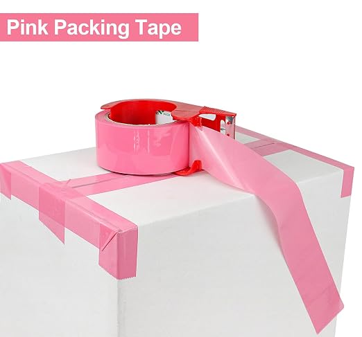 BOMEI PACK Pink Packing Tape with Dispenser, 2.4 Mil 1.88 Inch x 60 Yards, 12 Refills Rolls Pink Color Box Packaging Tape for Moving, Shipping, Mailing and Storage